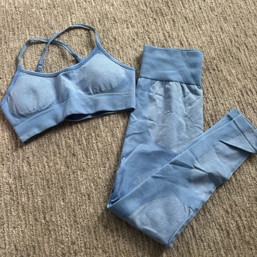 Seamless Blue Ribbed Sports Bra & Legging Set
